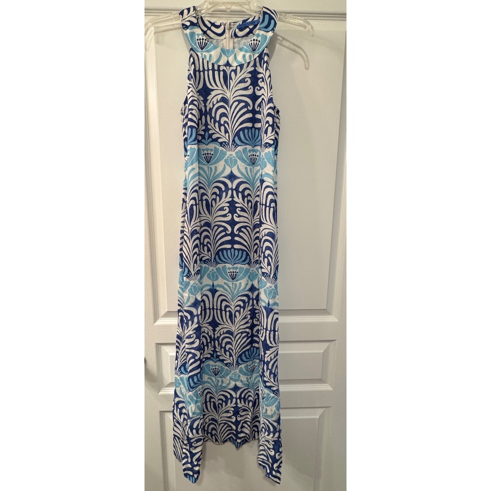 J.McLaughlin Blue White Floral Tencel Halter Maxi Dress XS Sleeveless Preppy